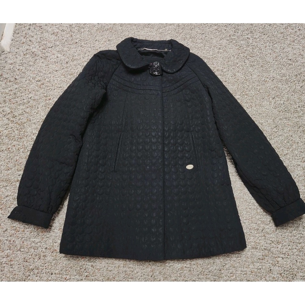 BETSEY JOHNSON Black Quilted Coat Heart Snap Jacket Back Bow Lined Small **